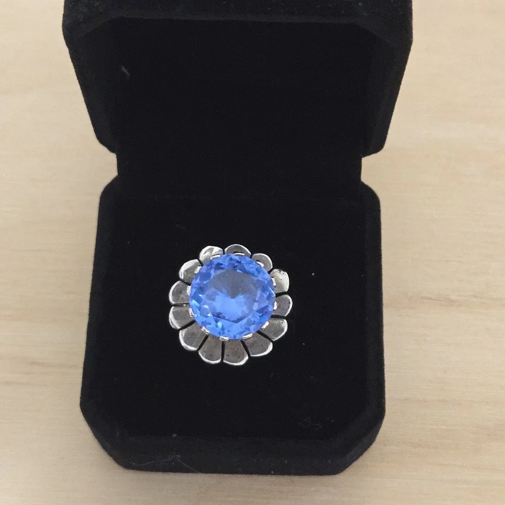 Vtg Large Sky Blue Faceted Topaz Flower Sterling 925 Ring Solitaire Mexico Sz 6